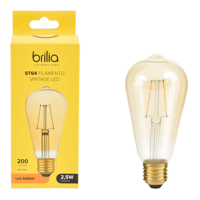 BRILIA LÂMPADA LED FILAMENTO ST64 E27 2,5W 127/220V LUZ AMARELA